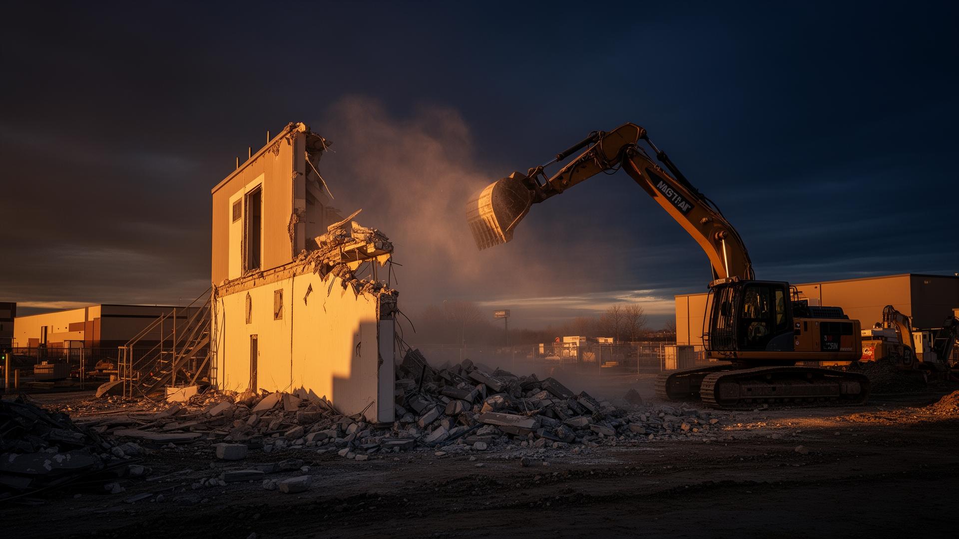 Demolition site at sunset with excavator
